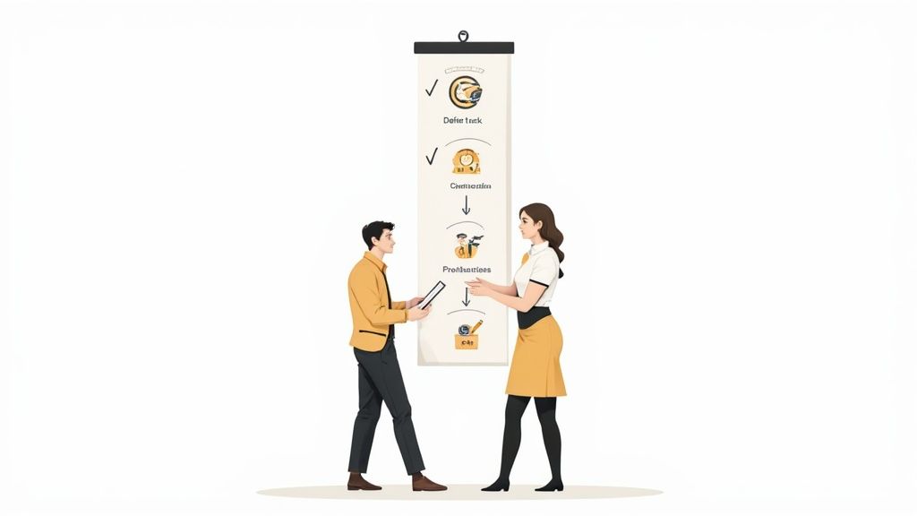 Two business professionals discuss a task delegation process flow on a vertical banner with various steps.