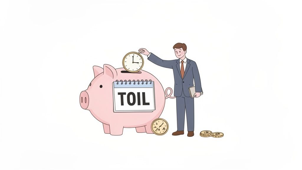 A cartoon businessman deposits a clock into a pink piggy bank labeled 'TOIL' for earned time off.