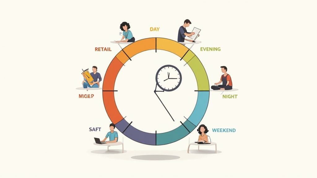 A diverse group of workers in different uniforms, representing hospitality, healthcare, and retail sectors.