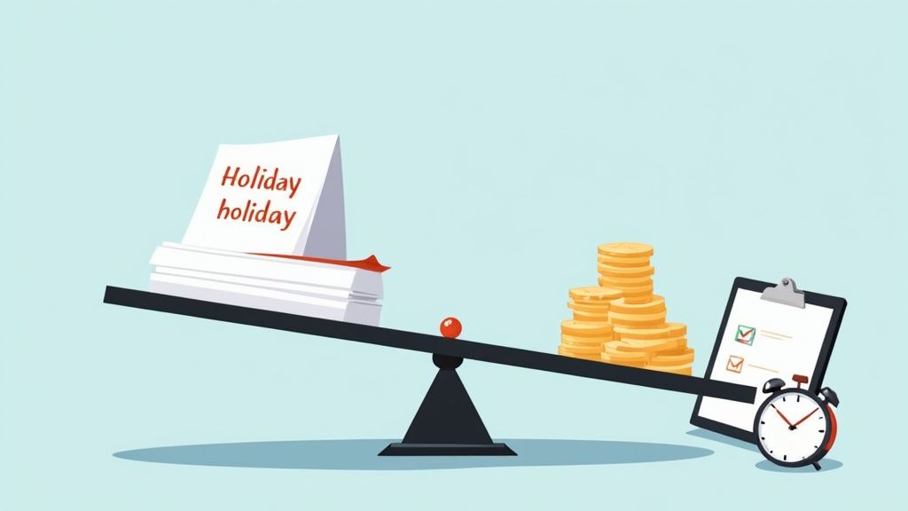 A seesaw balancing holidays (papers) against work (coins, checklist, clock), showing holiday preference.