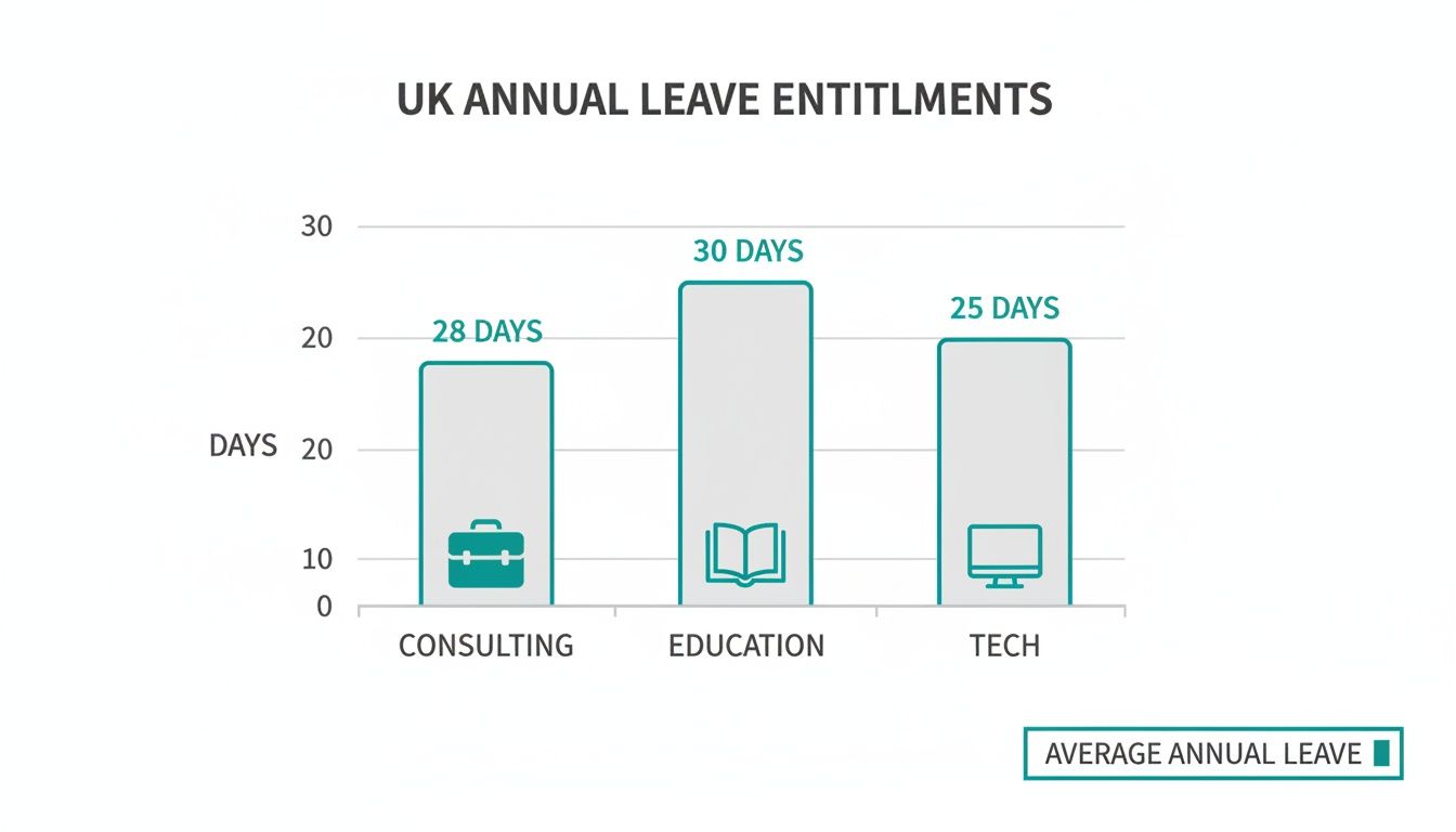 Bar chart showing UK annual leave entitlements for Consulting, Education, and Tech sectors.