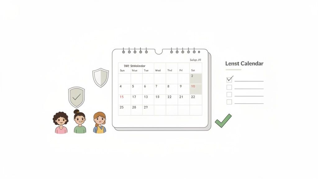 An illustration showing a calendar, checklist, three cartoon people, and security shields, symbolizing scheduling and tasks.