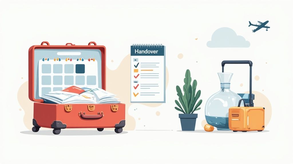 Packed suitcase with calendar, handover checklist, and luggage representing vacation planning and work transition