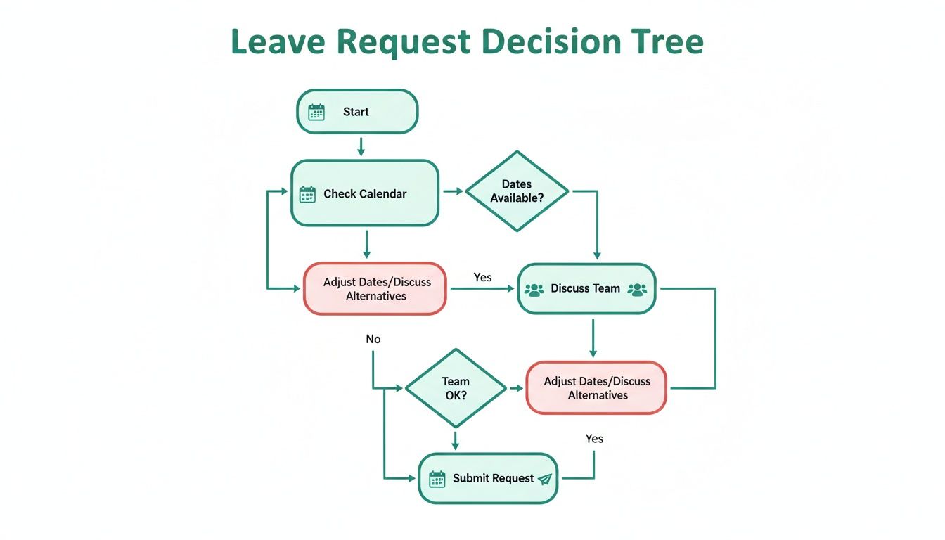 A flowchart illustrates the Leave Request Decision Tree process, guiding users through checking dates, team discussion, and final submission.