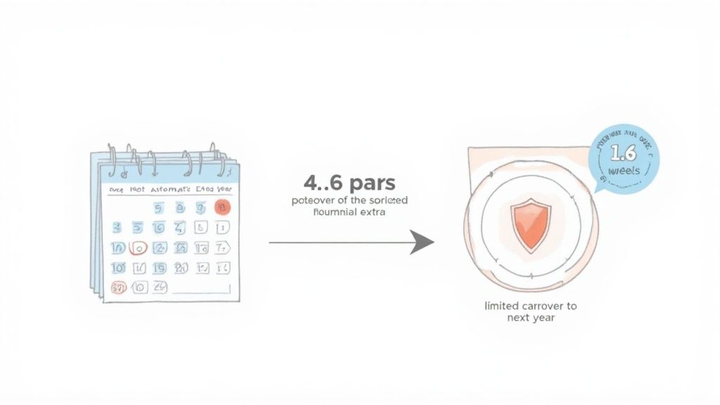 A calendar showing dates and '4.6 pars', an arrow pointing to a shield diagram with '1.6 weeks' and 'limited carryover to next year'.