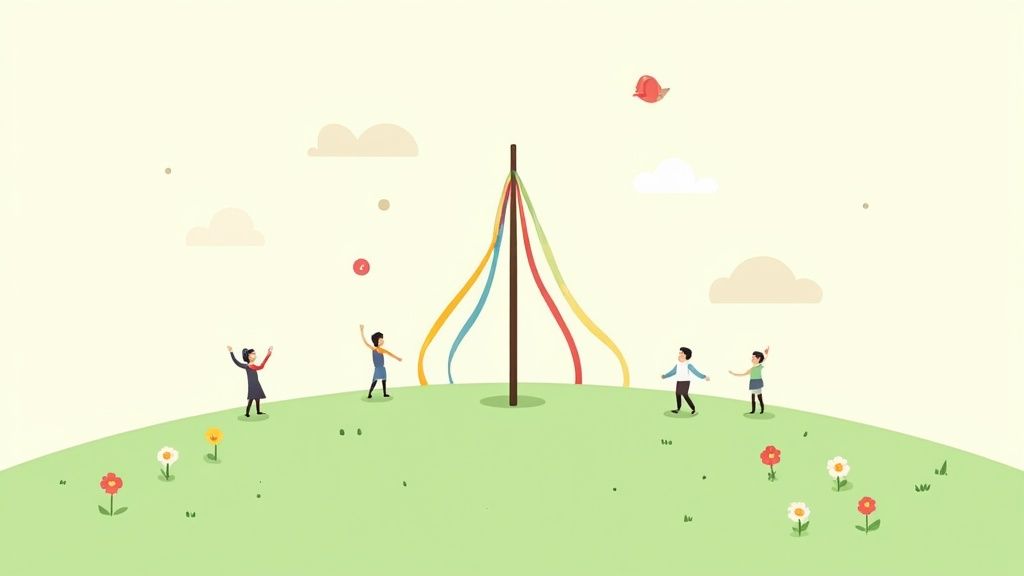 Diverse people dancing around colorful maypole on green hill with flowers and birds