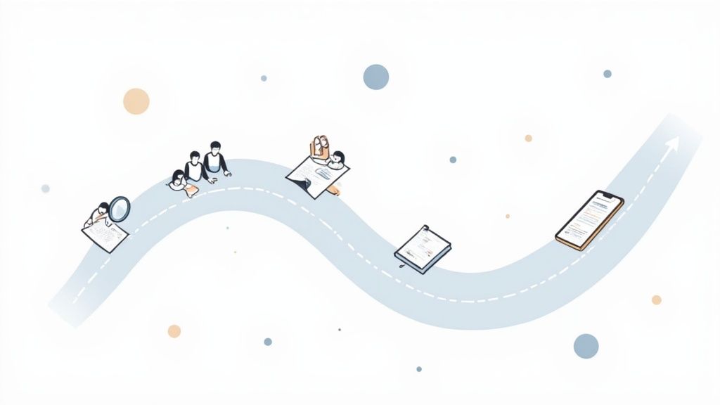 A person at a desk creating a strategic plan on a large sheet of paper, symbolising the implementation of a new system.