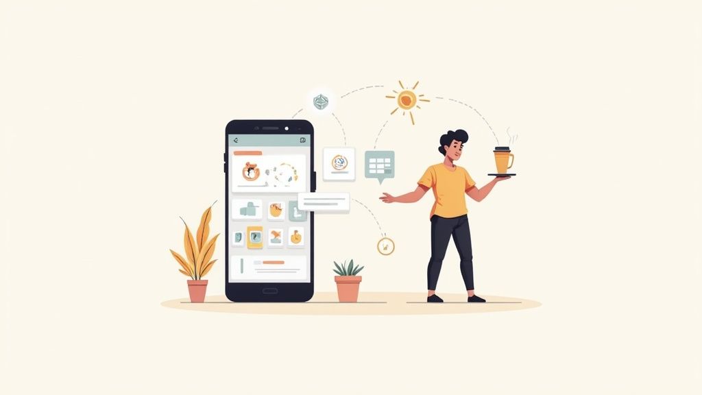 Illustration of a person using a mobile app for daily planning and task management, holding a coffee cup.