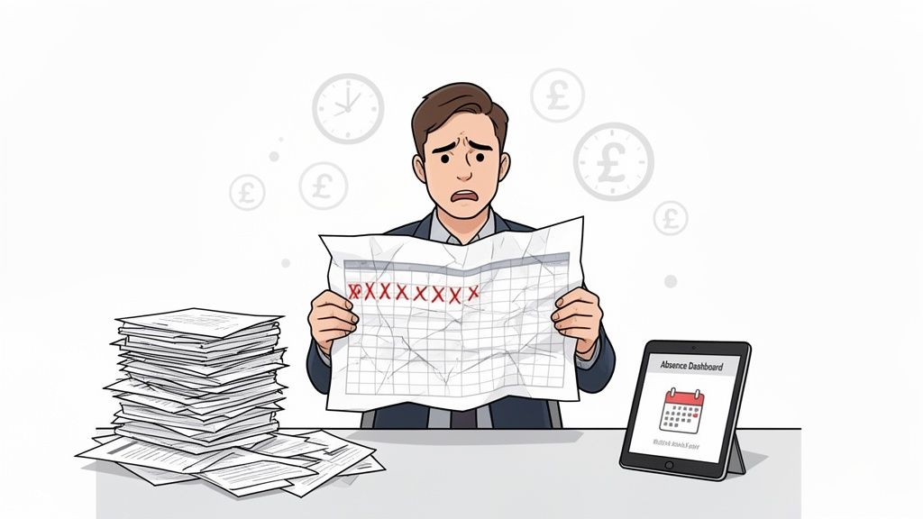 A worried man holds a crumpled calendar indicating employee absences, with paperwork and a digital dashboard.