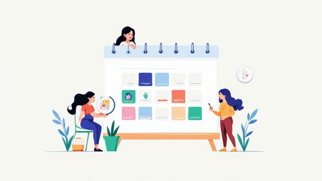 Three women collaboratively planning and managing tasks on a large calendar with colorful entries.