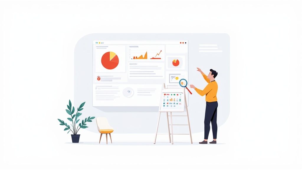 A man analyzes a business dashboard with charts and graphs, holding a magnifying glass.