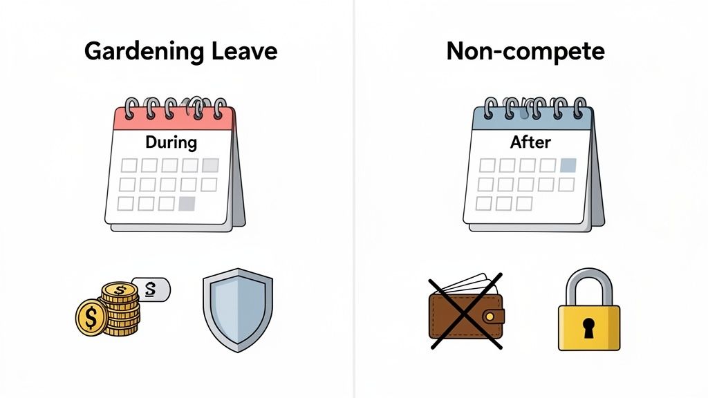 Comparison of gardening leave (paid, protected during employment) and non-compete (unpaid, restricted after employment).
