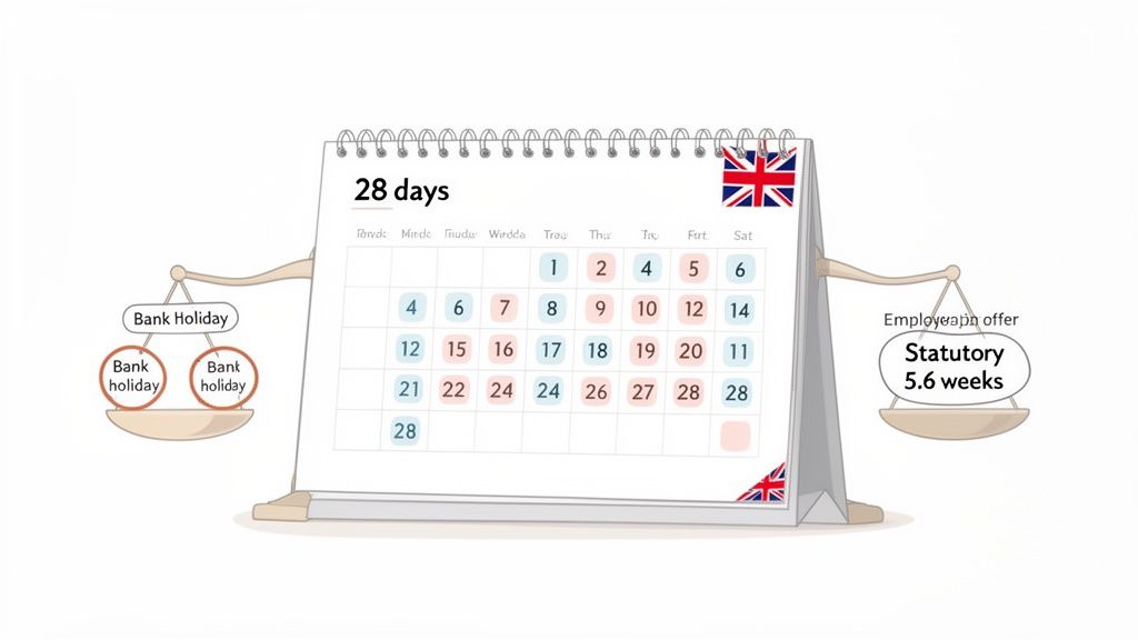 A calendar showing 28 days with a UK flag, balanced by bank holidays and statutory 5.6 weeks.