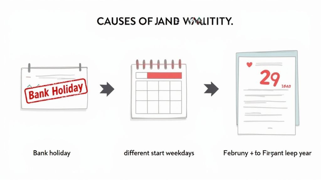 A calendar showing UK bank holidays and leap year dates, illustrating factors that change working days.