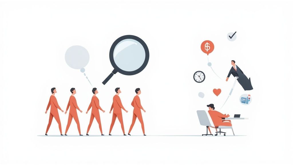 A magnifying glass observes a line of identical candidates, while a seated employee receives benefits and opportunities.