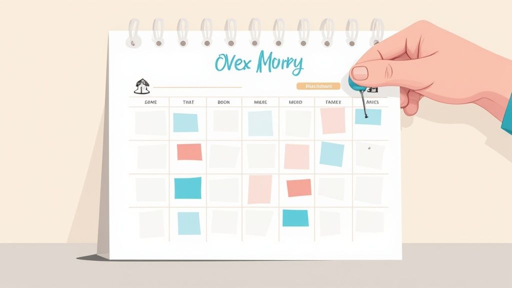 A hand pins a blue thumbtack onto a calendar titled 'Ovex Morry', showing colored squares for tracking.