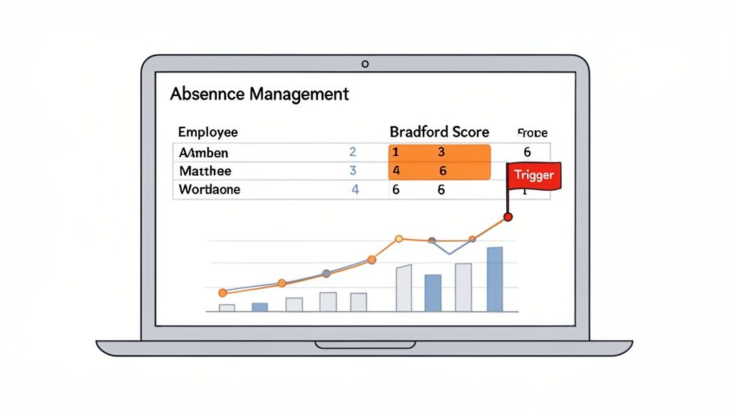 A laptop displaying absence management software with employee Bradford Scores and a trend graph.
