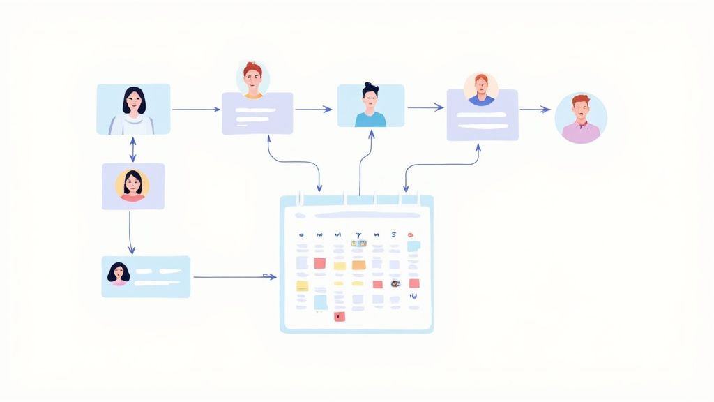 Animated diagram of a team's holiday planning and approval workflow connected to a calendar.