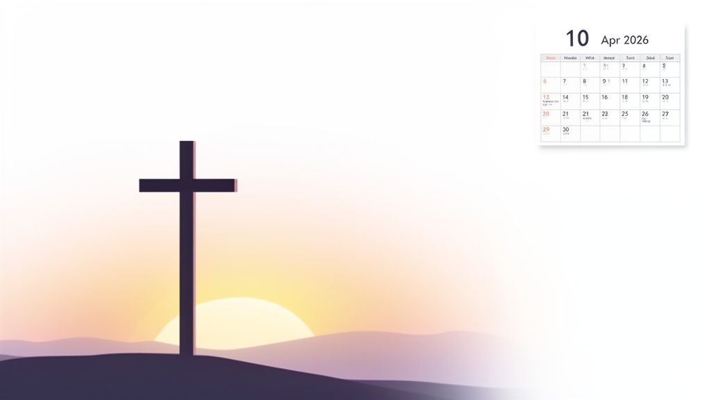 A silhouette of a cross on a hill at sunset, with an April 2026 calendar.