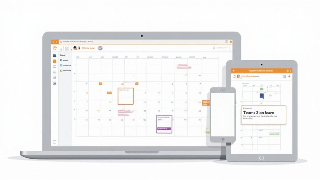A digital wall planner and team management system shown on laptop, tablet, and smartphone.