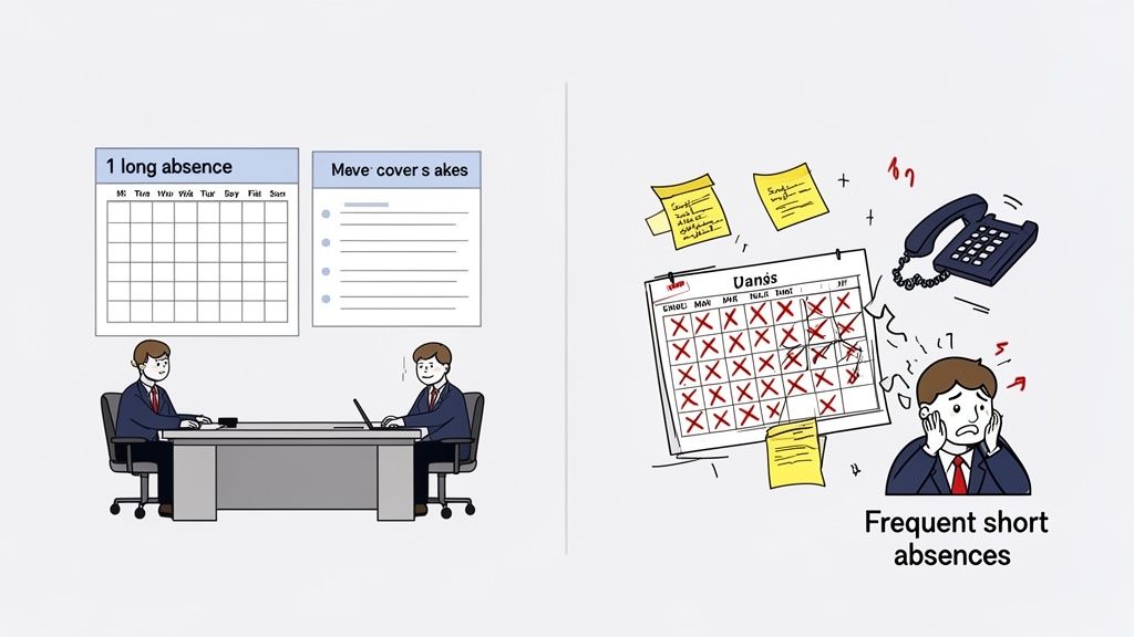 Illustration comparing the impact of one long absence versus frequent short absences on employees and workflow.