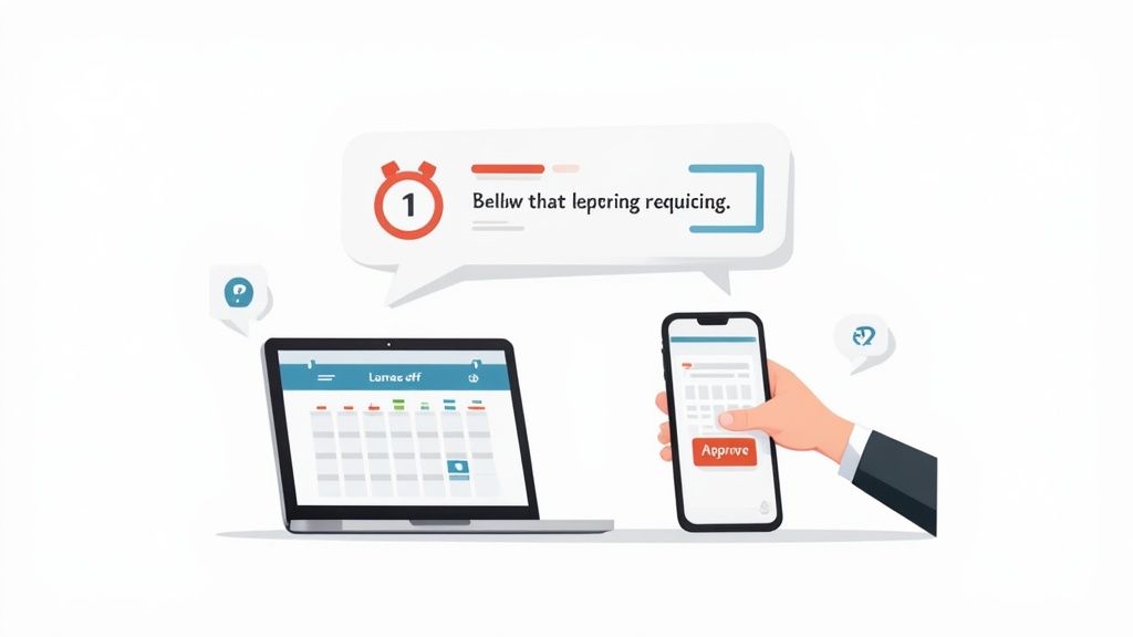 An illustration of a laptop and a smartphone displaying a calendar with a notification and an 'Approve' button.