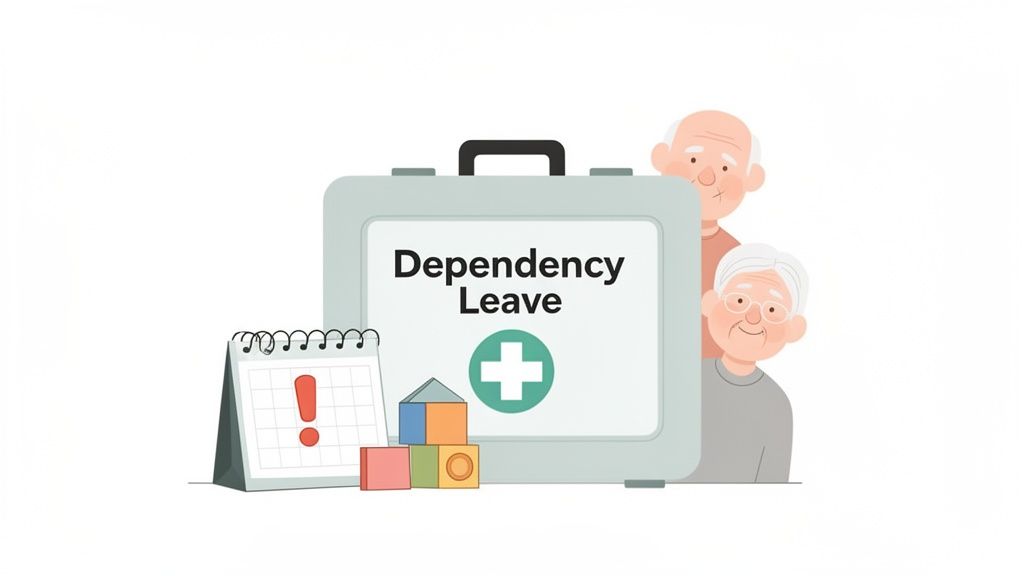 An illustration showing 'Dependency Leave' on a first aid kit, with a calendar, blocks, and two elderly people.