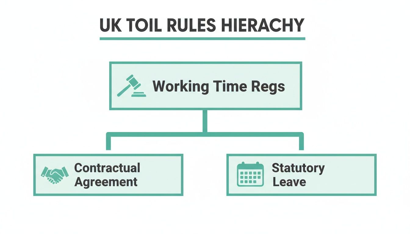An infographic showing the UK TOIL rules hierarchy: Working Time Regs, Contractual Agreement, and Statutory Leave.
