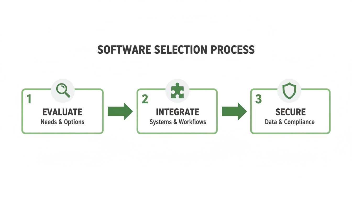 A diagram illustrating the three-step software selection process: evaluate, integrate, and secure.