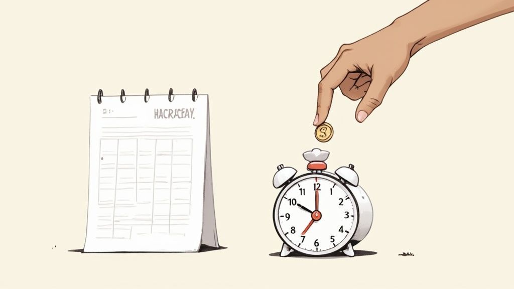 A person sitting at a desk with a calendar and a cup of coffee, planning their time off.
