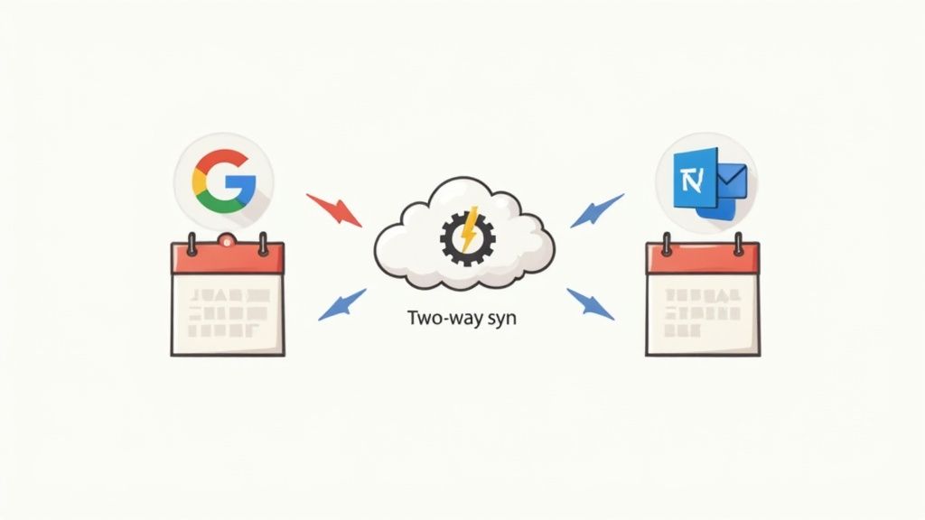 Illustration showing two-way synchronization between Google Calendar and Outlook Calendar via a cloud platform.