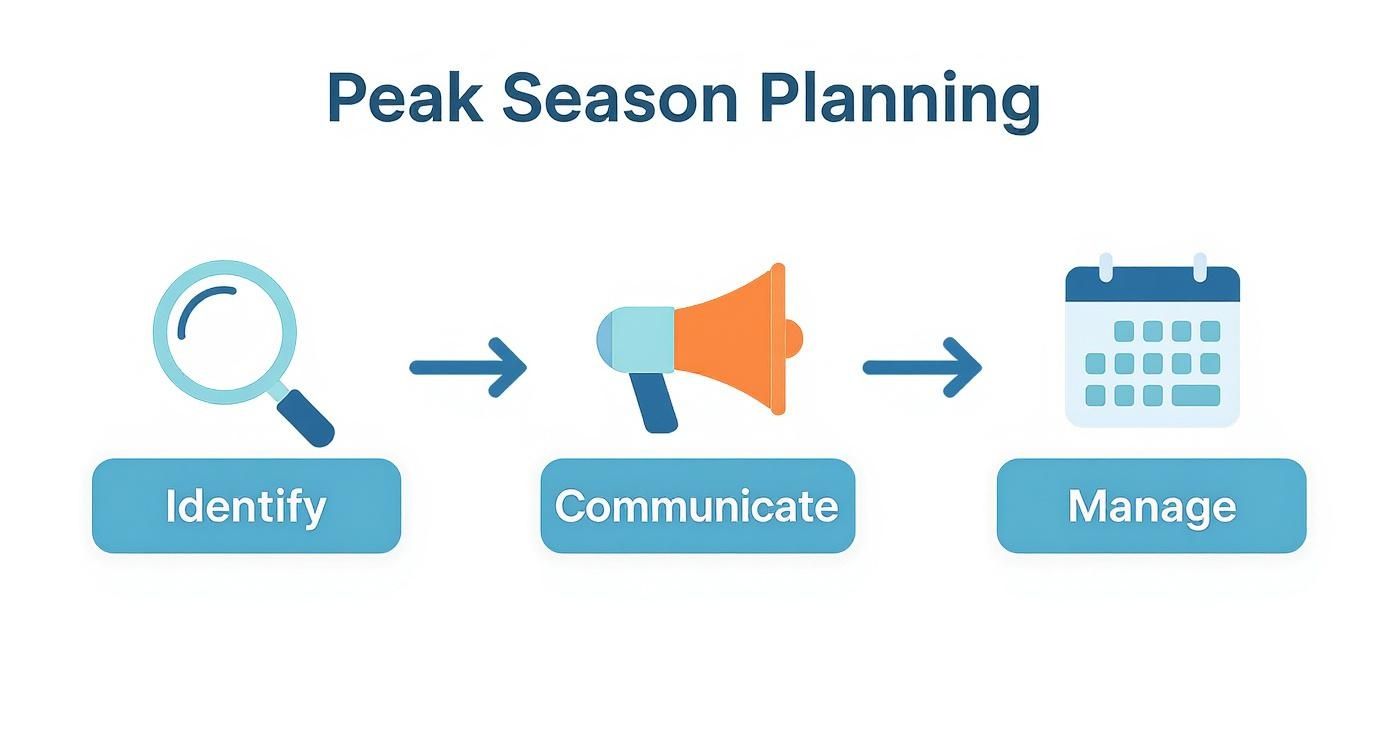 A three-step process infographic for Peak Season Planning: Identify (magnifying glass), Communicate (megaphone), and Manage (calendar).