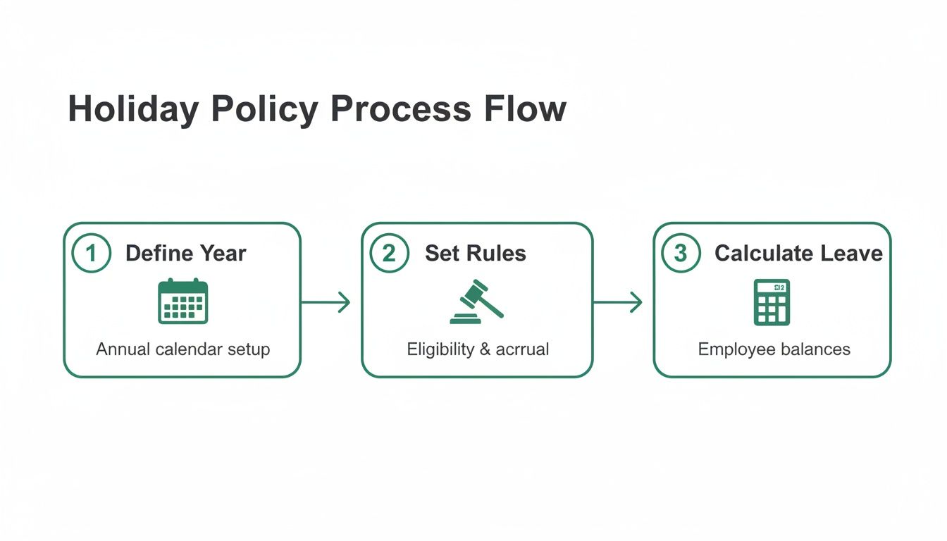 A three-step process flow illustrating holiday policy management: define year, set rules, and calculate leave.