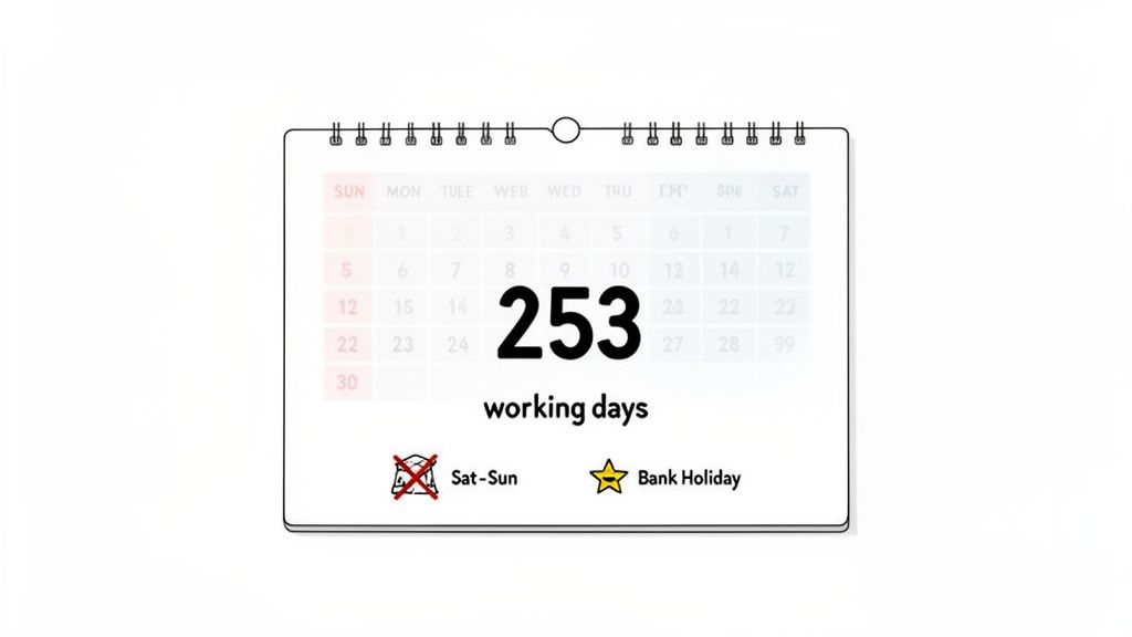 A calendar showing '253 working days' with icons indicating weekends and bank holidays are excluded.