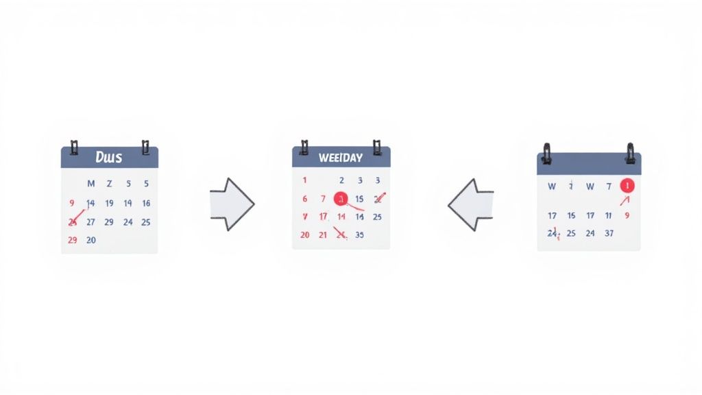 A person using a calculator with a calendar in the background.