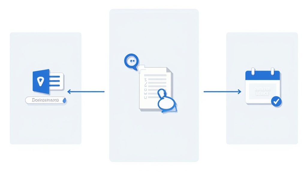 Workflow diagram showing task list with messaging, user profile, and calendar scheduling integration process