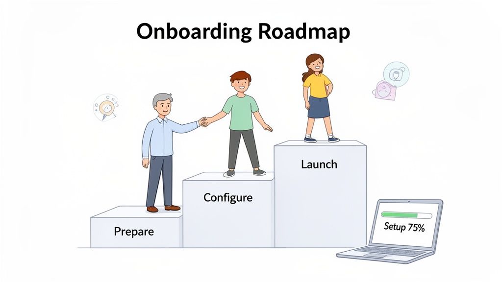 Onboarding roadmap illustration with three steps: Prepare, Configure, and Launch, featuring people.