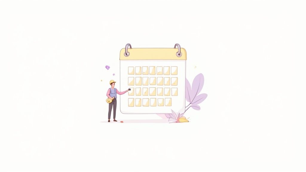 An illustration of a person marking a date on a calendar, symbolizing scheduling or planning.
