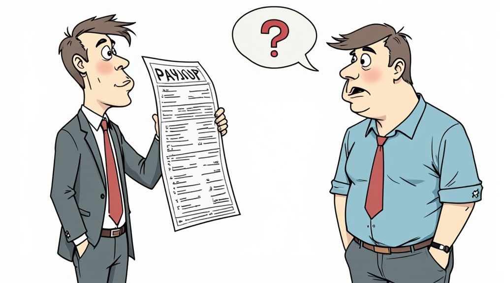 A person looking thoughtfully at a payslip and calendar, trying to solve a problem.