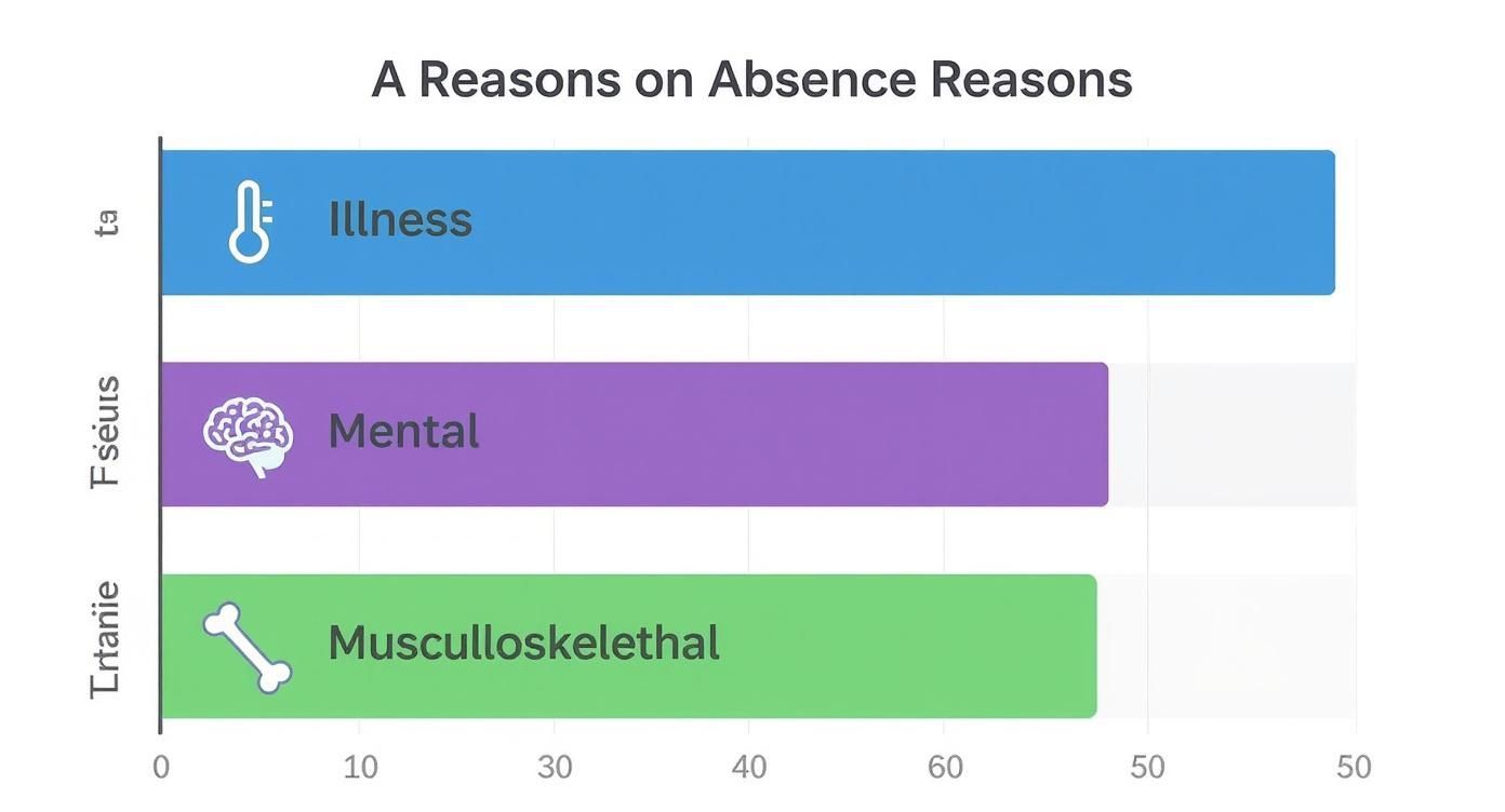 Infographic showing the primary reasons for workplace absence, including illness, mental health, and musculoskeletal issues
