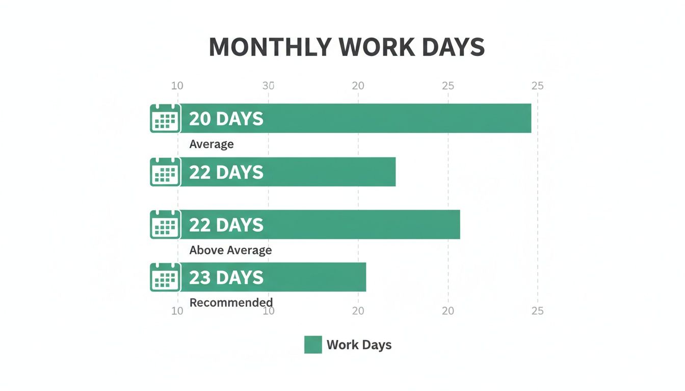 Horizontal bar chart displaying monthly work days: 20 days average, 22 days, 22 days above average, and 23 days recommended.