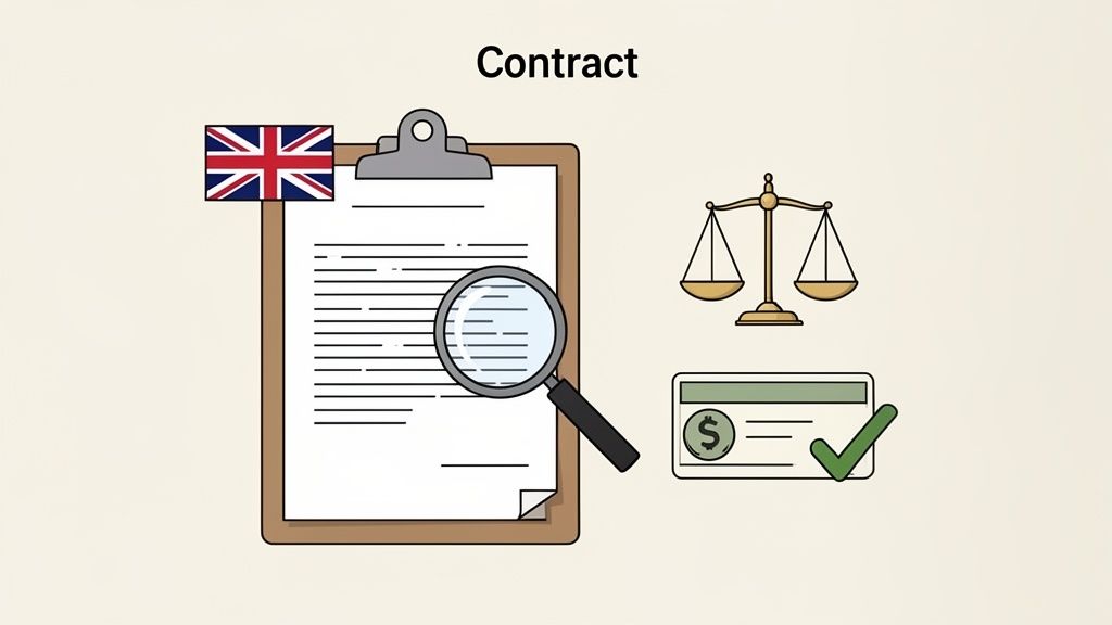 Illustration of a UK contract on a clipboard with a magnifying glass, scales of justice, and a financial check.