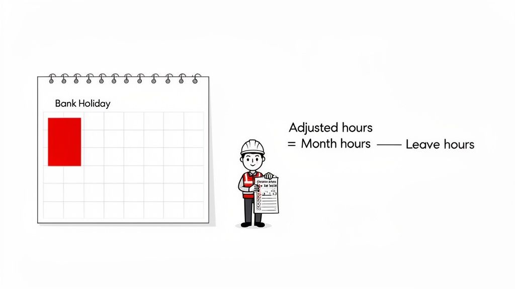An illustration showing a calendar with a bank holiday, a worker, and the adjusted work hours calculation.