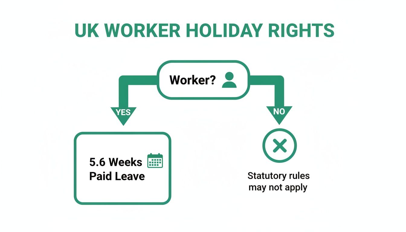 Flowchart illustrating UK worker holiday rights. If a worker, then 5.6 weeks paid leave applies.