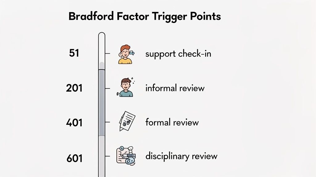 A diagram illustrating Bradford Factor trigger points, outlining actions from support check-in to disciplinary review at different scores.