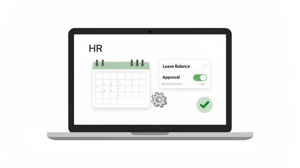 A laptop screen displaying an HR management system with calendar, leave balance, and approval settings.