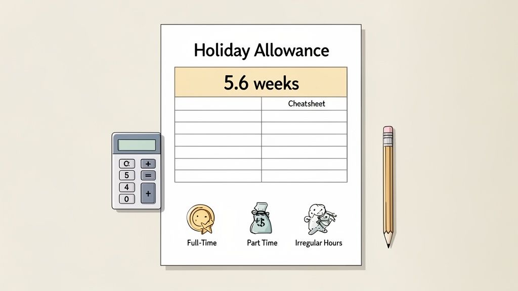 A calculator, pencil, and a holiday allowance cheatsheet displaying 5.6 weeks for different work schedules.