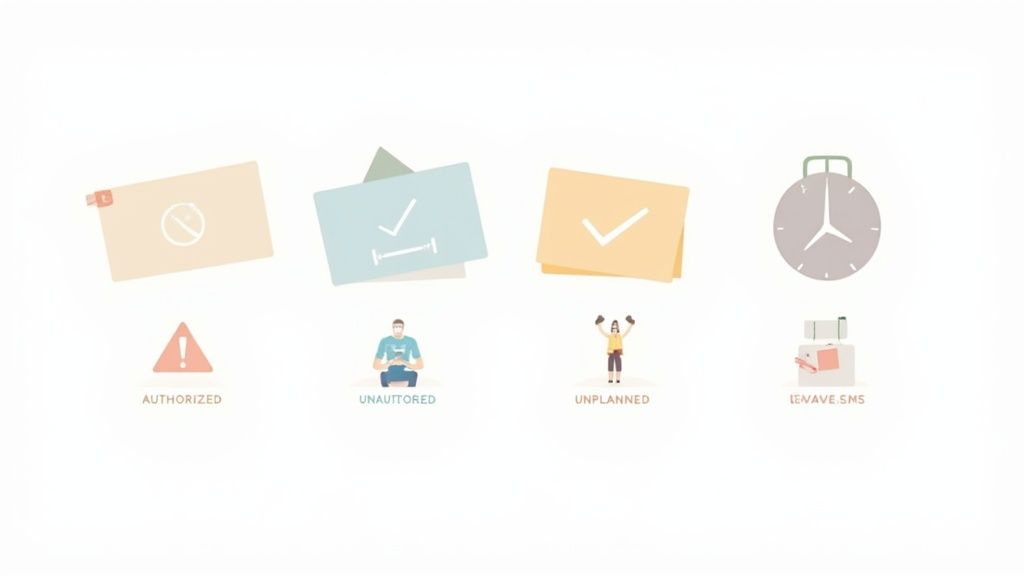 Four illustrated icons showing authorized, unautored, unplanned absences and leave management status indicators