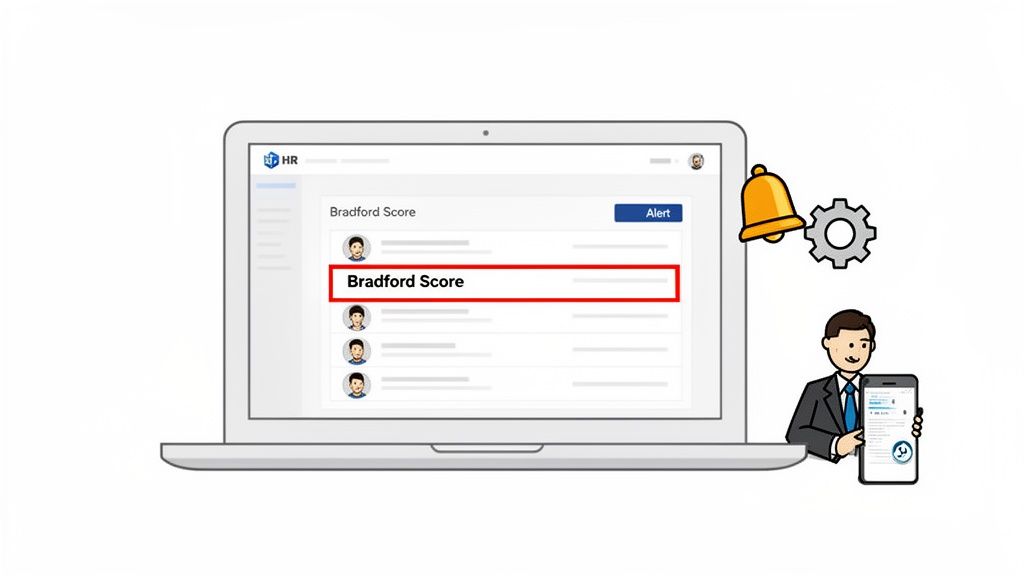 Digital HR system for Bradford Score management, shown on a laptop with a user and mobile app.