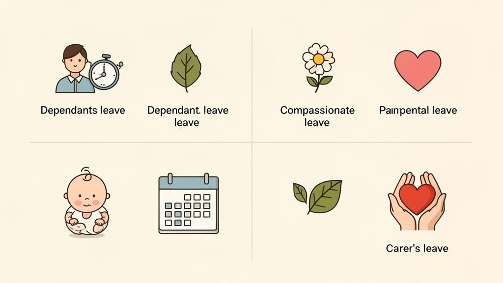 An infographic illustrating six types of employee leave, with icons for dependants, compassionate, and carer's leave.